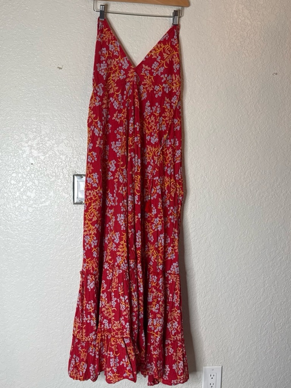 Red Floral Maxi Dress with V-Neck